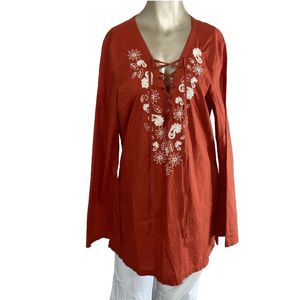 Old Navy Terracotta Floral Embroidered Peasant Top Lace Up V-Neck Large - Picture 2 of 8
